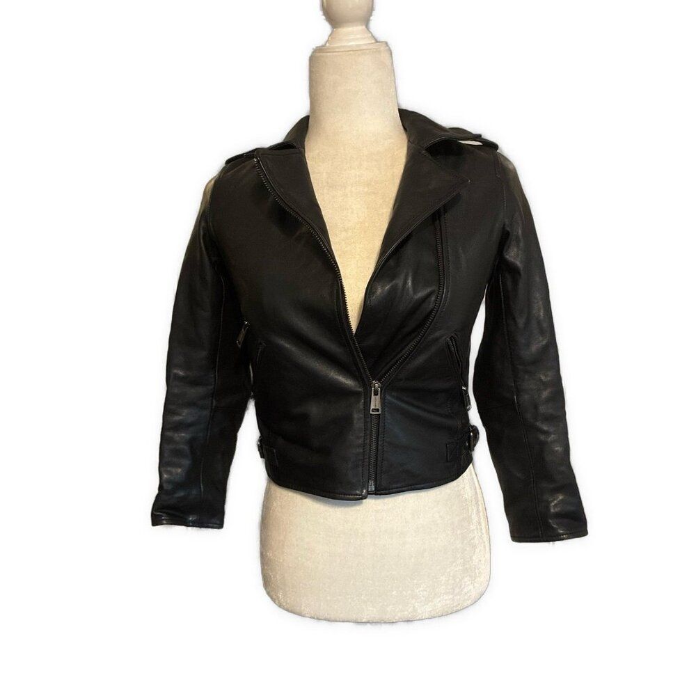 Bonpoint Girls Solid Black Genuine Leather Biker Moto Jacket Long Sleeve 10 L